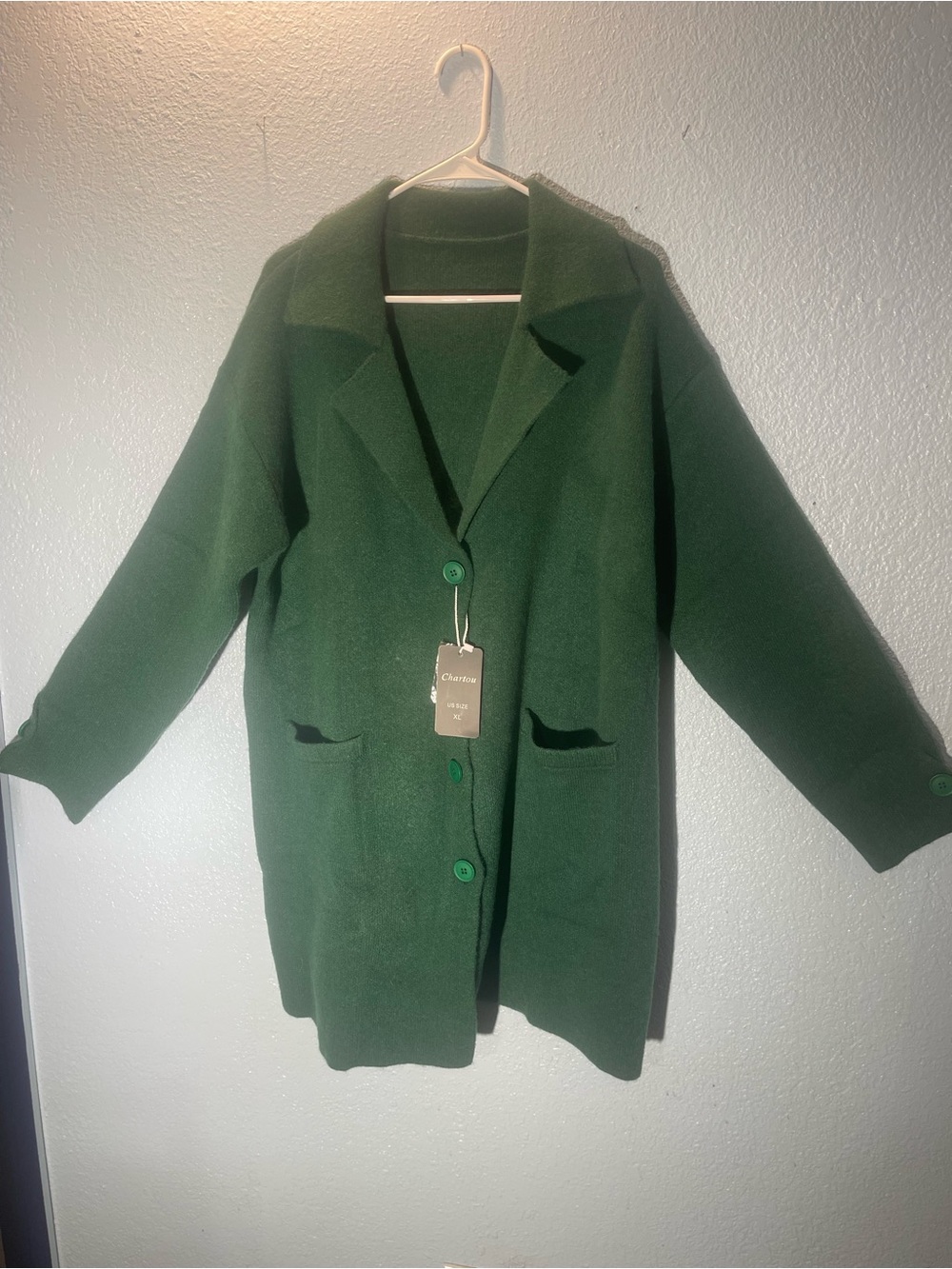 Oversized Dark Green Button-Front Women's Cardigan Jacket with Notch Collar